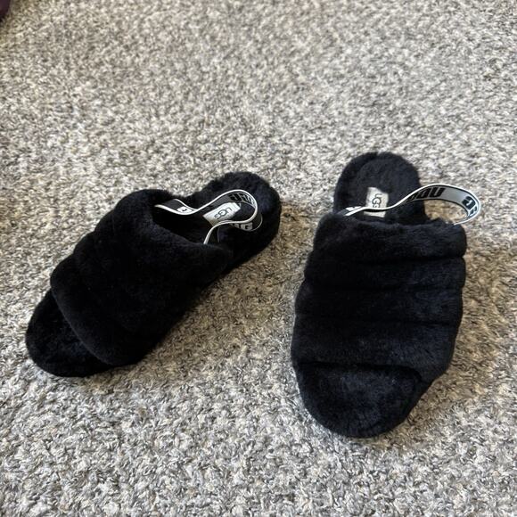 UGG Fluff Yeah Womens Size 9 Black Casual Sheepskin Platform Slide Slippers EUC - Picture 2 of 6